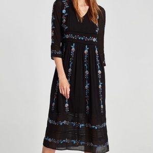Zara midi embroidered black dress